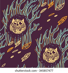 cute owl on a tree blue dark illustration leaf wood night
