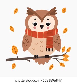 Cute owl on a tree branch with autumn falling leaves vector illustration isolated on white background