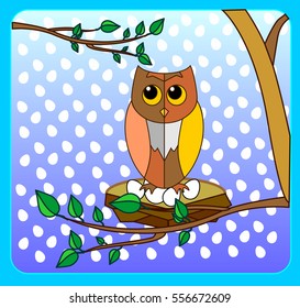 Cute owl on a tree branch in the style of animation on a merry night background with an ornament in the form of eggs.Beautiful illustration of blue framed.
