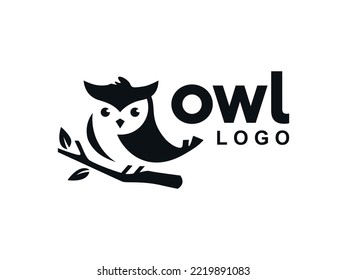 Cute owl on tree branches logo concept animal design vector