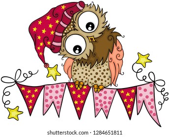 Cute owl on triangle flag banner of party