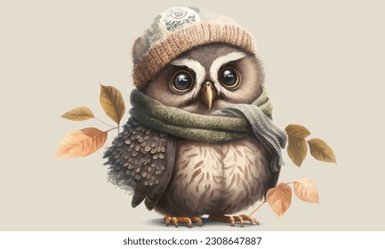 Cute owl on a white background. Owl in a blue hat and scarf. Vector illustration