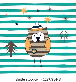 cute owl on winter background vector illustration