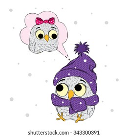 Cute owl painted by hand.  Vector bird.
