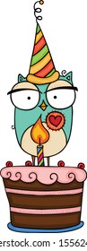 Cute owl with party hat and birthday cake