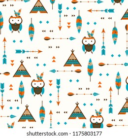 Cute Owl Pattern with Boho Style Vector Background