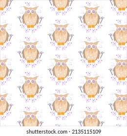 cute owl pattern with leaves and flowers all around