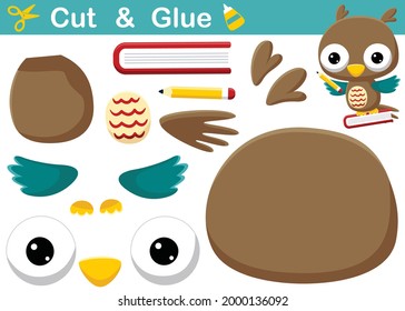 Cute owl with pencil and book. Education paper game for children. Cutout and gluing. Vector cartoon illustration