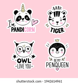 Cute Owl, Pinguin Queen, Panda Einhorn, Baby Tiger Gesichter im Skizzenstil. Doodle Tiere Set. Hässliche Zitate, Schlagwörter. Cute Kinderillustrationen, Aufkleber.