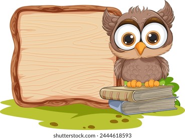 Cute owl perched on books beside empty sign
