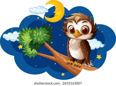 Cute owl perched under a crescent moon