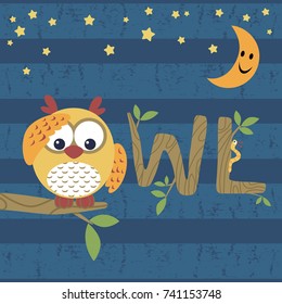 Cute owl perching on tree branches at night with smiling crescent moon, vector cartoon illustration