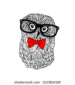 Cute owl pet in retro frame glasses isolated on white background. Vector illustration of bird in hipster style.
