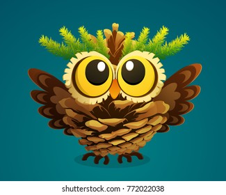 Cute owl in pine cone and branches isolated on blue green background