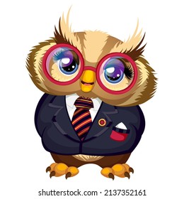 Cute owl with pink glasses, tie and dark suit. Cartoon vector illustration isolated on white background.