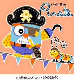 Cute owl in pirate costume with caterpillar on flags, vector cartoon illustration