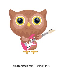 Cute owl playing guitar. Music design. Bird playing music.
