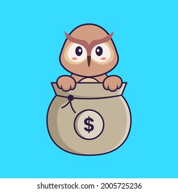 Cute owl playing in money bag. Animal cartoon concept isolated. Can used for t-shirt, greeting card, invitation card or mascot.