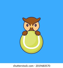 Cute owl playing tennis. Animal cartoon concept isolated. Can used for t-shirt, greeting card, invitation card or mascot.