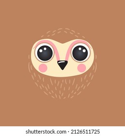 Cute owl portrait square smile head cartoon round shape animal face, isolated bird mascot avatar vector icon illustration. Flat simple hand drawn for kids poster, UI app, t-shirts, baby clothes