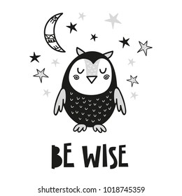 Cute owl poster for baby room, greeting card, print on the wall, pillow, decoration kids interior, baby wear and t-shirts 
