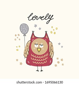 Cute owl with presents and balloons, hand-drawn illustration. Anniversary celebration. Vector for design t-shirts typography cards and posters.