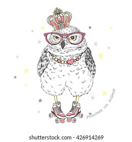 cute owl princess on roller skates, hand drawn graphic, animal illustration