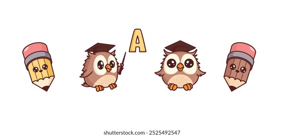 Cute owl print vector set for children's educational books