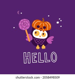 Cute owl in a pumpkin hat with broom, moon, stars and text - hello isolated on dark background. Vector illustration in cartoon style. Holiday kids print for nursery, baby clothes, poster or postcard