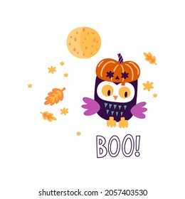 Cute owl in a pumpkin hat with moon, groovy stars and Boo text. Holiday kids design for book cover, greeting or postcard, Halloween party invitation