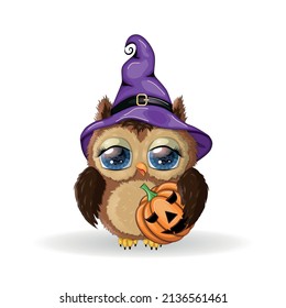 Cute owl in purple witch hat with potion, pumpkin. Happy Halloween poster, greeting card, postcard.