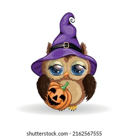 Cute owl in purple witch hat with potion, pumpkin. Happy Halloween poster, greeting card, postcard.