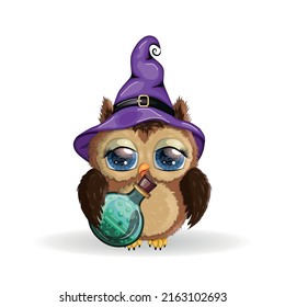 Cute owl in purple witch hat with potion, pumpkin. Happy Halloween poster, greeting card, postcard.