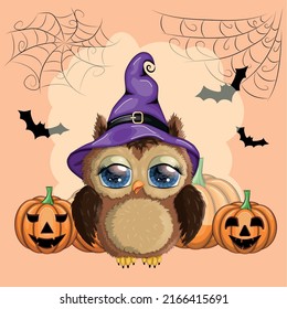 Cute owl in purple witch hat with potion, pumpkin on night moon background with web, bat, castel. Happy Halloween poster, greeting card, postcard.