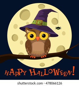 Cute owl in purple witch hat with night moon background with little spider on a web. Happy Halloween poster, greeting card, postcard. Vector illustration in cartoon style