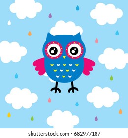 cute owl in rainbow rain poster vector