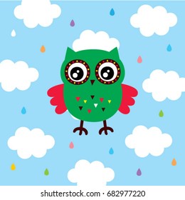 cute owl in rainbow rain poster vector