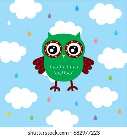 cute owl in rainbow rain poster vector