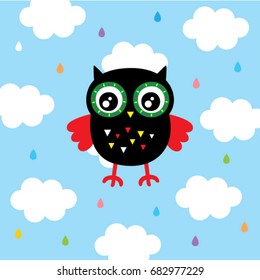 cute owl in rainbow rain poster vector