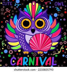 Cute owl with rainbow wings with a fan and feathers. Carnival, party concept. Humorous cartoon vector illustration.