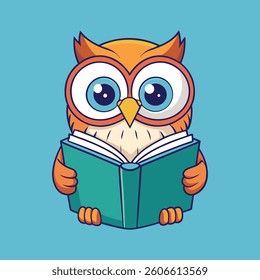 A Cute Owl Reading Book Animal Nature Icon Concept Flat Cartoon Vector Illustration