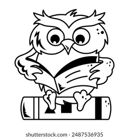 Cute owl reading book, doodle style cartoon 