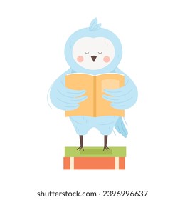Cute owl reading a book. Gaining knowledge, zoo bird reading library literature cartoon vector illustration