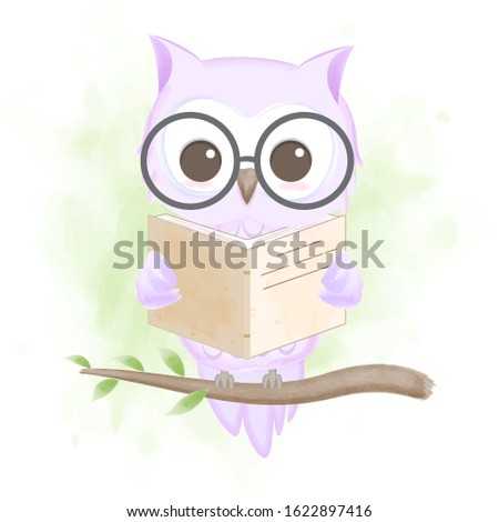 
Cute owl reading a book, hand drawn cartoon illustration on green watercolor