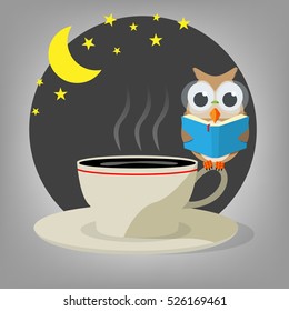 Cute owl is reading a book on the big cup of coffee cartoon vector design