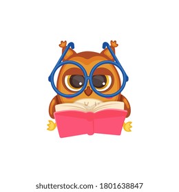 Cute owl reading a book. Wise smart cartoon bird in big glasses sitting and holding a textbook isolated on white background, vector illustration of education symbol.