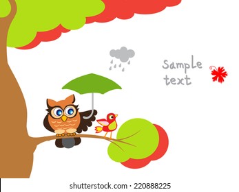 Cute owl and red bird sitting on branch with umbrella. Bird tree page design.Cartoon vector illustration. Autumn cute background with place for text. Childish picture. For card, tale illustration.
