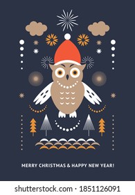 Cute owl in red hat. Christmas card, poster, flyer. Printable card