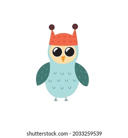 Cute owl in a red hat. Funny forest character isolated element. Autumn or winter woodland clipart for kids. Vector illustration