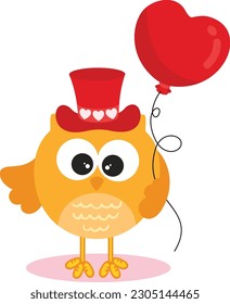 
Cute owl with red hat holding a heart balloon
